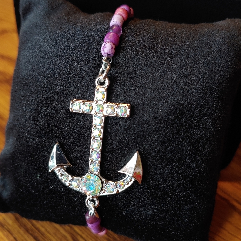 Beautiful Gemmed Anchor Bracelet With Purple Bead
